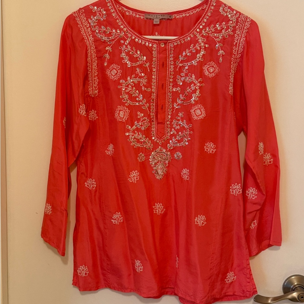 Calypso St. Barth Coral Sequined & Embroidered Tunic